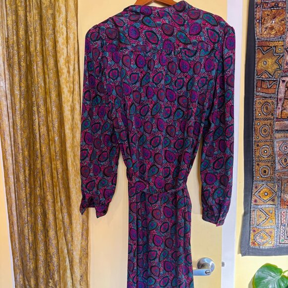 Vintage 1970s Satin Jewel-Tone Shirtwaist Dress - Picture 3 of 11